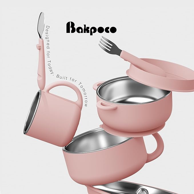 Bakpoco Kids Dinnerware Set - 6 Piese Toddler Plates and Suction Bowls Set with Kids Utensils&Cup, 2 IN 1 Stainless Steel & Silicone Baby Self Feeding Supplies, Blush