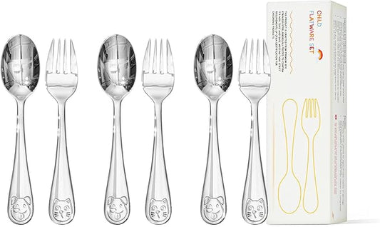 KINGSTONE Toddler Utensils Set, 6-Piece Small Forks & Spoons, 18/10 Stainless Steel, Cat & Dog Print, Ergonomic Self-Feeding Kids Flatware for Home, Travel & Preschool