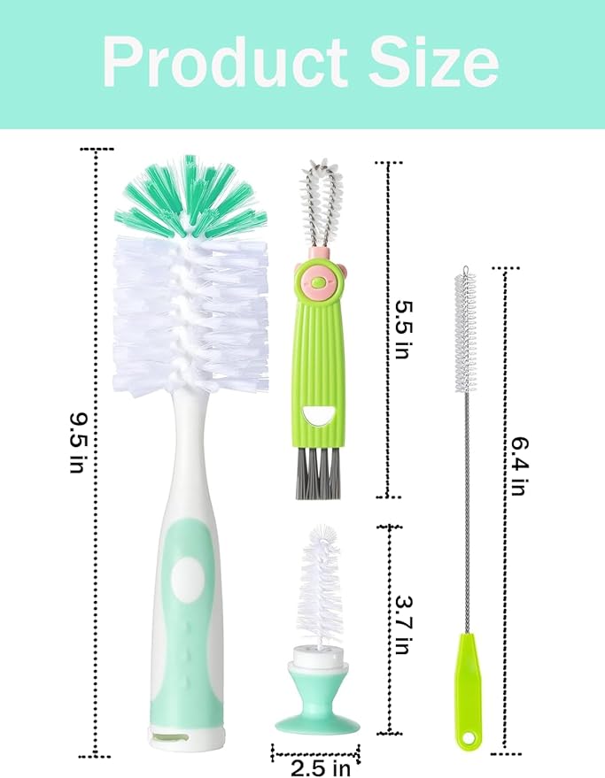Baby Bottle Brush Set 4 in 1, Baby Bottle Cleaner, with 1P Nylon Bottle Brush, 1P Bottle Cap Brushes, 2P Straw Brushes, Bottle Brush with Nipple Cleaner and Suction Cup, BPA-Free(Green)