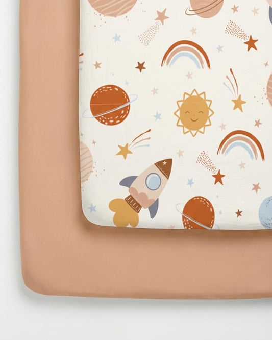 Pack and Play Sheets Fitted - 2 Pack Mini Crib Sheets for Pack N Play Mattress - Unisex Playard Microfiber Bedding for Boys & Girls - Soft, Breathable & Wrinkle Free - Oeko-Tex, 38 x 26in - Space Boy