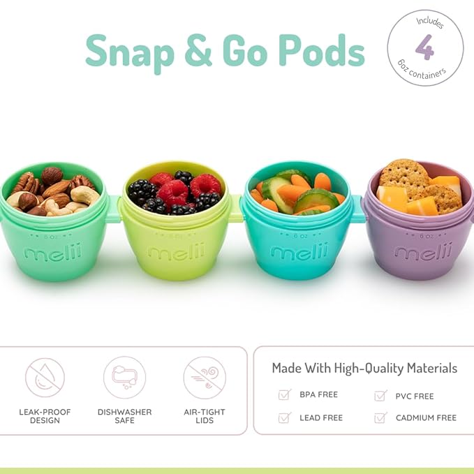 melii Snap & Go Baby Food Storage Containers | 4 Pack 6 oz, Stackable Snack Containers with Airtight Lids, BPA-Free, Reusable Food Containers for Toddlers, Meals & On-the-Go