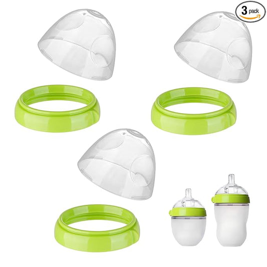 Dome Caps with Nipple Rings Set Compatible for Comotomo Baby Bottles（Not Compatible with Gen2）, Replacements Screw Collars with Dome Lids for Como tomo, Set of 3