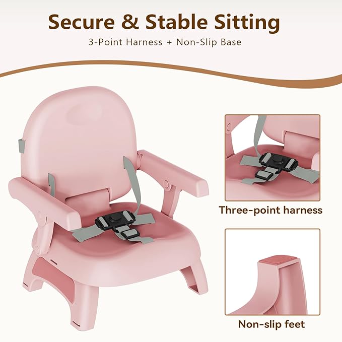 Booster Seat for Kitchen Chair, 3-in-1 Foldable & Portable Booster Seat with Tray, Extra Dishwasher-Safe Tray, Safety Straps for 6–18M (Up to 30 lbs), for Dining Table, Travel & Camping, Pink