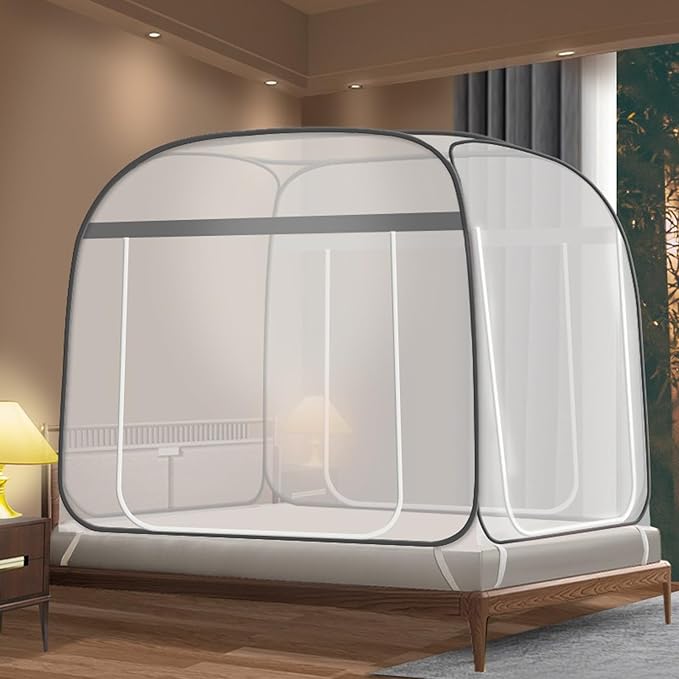CMINGJ Mosquito Net for Bed, Portable pop up Mosquito Netting with Bottom, Free Installation-Suitable for Bedroom, Camping, Folding Portable Design for Baby Adults (Gray (3 Door))