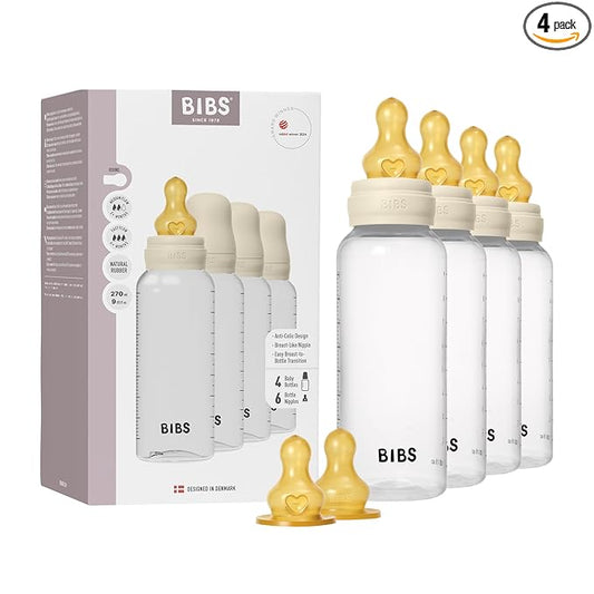 BIBS Baby Bottle 270 ml Latex Nipple 4 Pack - Anti-Colic, BPA-Free, Round Nipple, Lightweight & Easy to Clean, Suitable for Newborns 0+ Years, 4-Pack + 2 Extra Nipples - Ivory