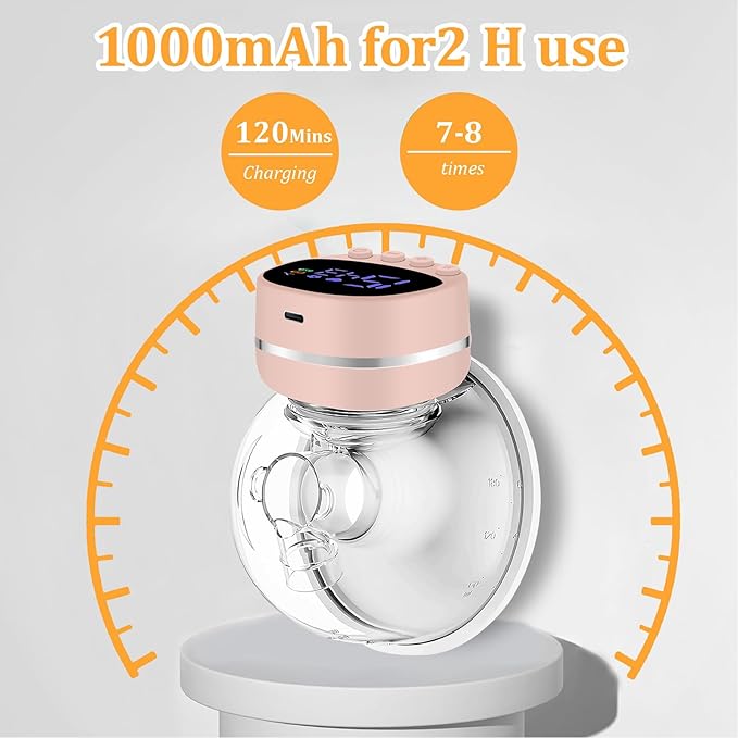 Hands-Free Wearable Electric Breast Pump,Suction/Express/Massage/Mixed Modes, 15 Gears,LCD Display Portable, Lightweight & Discreet, Single Piece (Pink)