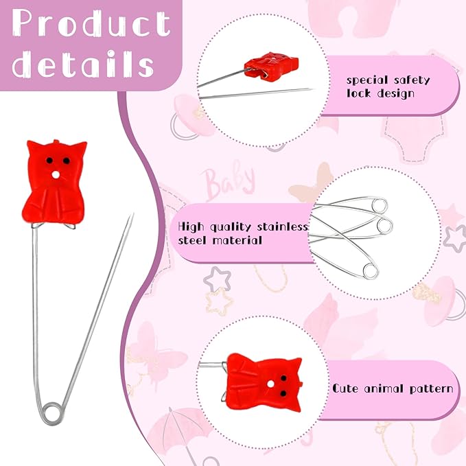 30 pcs Baby Safety Diaper Pin with Plastic Head Animal Pattern 2.4 Inch Secure Clips for Fastening Baby Clothes Diaper Napkins Stainless Steel Kids Newborn Safety Pin with Lock Buckle, Random Patterns