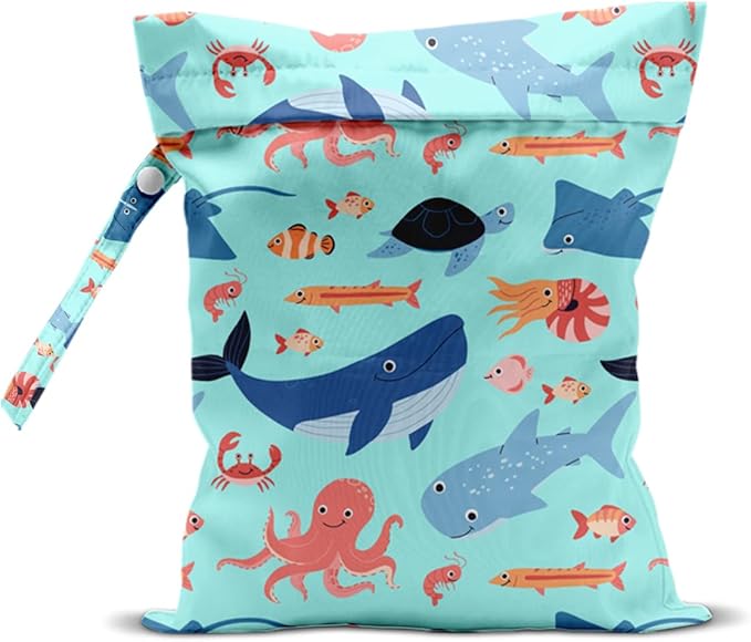 Wet Bag for Swimsuit, Beach Travel EssentialsMarine Animals Pattern Wet Dry Bag, for Sunscreen Toiletry Dirty Clothes Yoga Gym Diaper, Friends Summer Beach Vacation Essentials Gifts