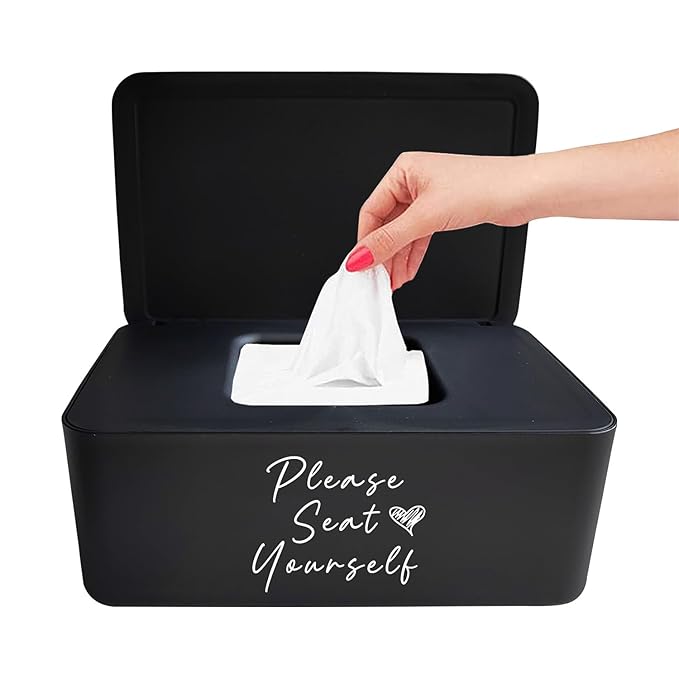 Moorfowl Please Seat Yourself Wipes Dispenser for Guest Bathroom Flushable Wipes Container Holder Cute Funny Rustic Farmhouse Restroom Home Decor Perfect Accent Piece for Powder Room (Black)