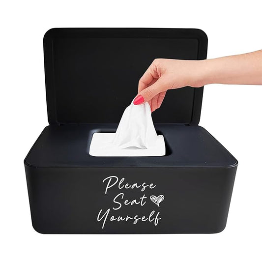Moorfowl Please Seat Yourself Wipes Dispenser for Guest Bathroom Flushable Wipes Container Holder Cute Funny Rustic Farmhouse Restroom Home Decor Perfect Accent Piece for Powder Room (Black)