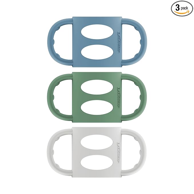 Dr. Brown's Narrow Baby Bottle Handles, 100% Silicone, Easy Grip Removable Handles for Bottle to Sippy Cup Transition, Blue/Gray/Green, 3-Pack, 4m+