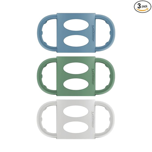 Dr. Brown's Narrow Baby Bottle Handles, 100% Silicone, Easy Grip Removable Handles for Bottle to Sippy Cup Transition, Blue/Gray/Green, 3-Pack, 4m+