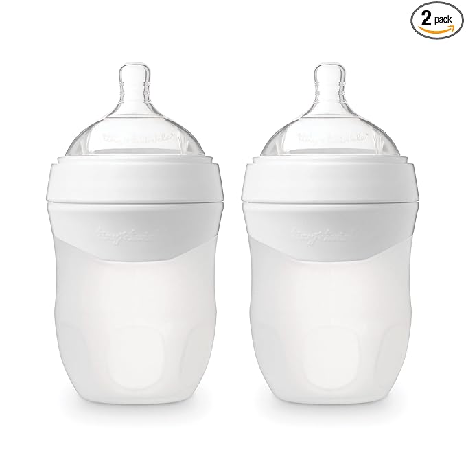 Tiny Twinkle Silicone Baby Bottle with Comfort Grip and Soft Flexible Nipple - Squeezably Soft Baby Bottles for Newborn and Up (White, 6 Ounce - 2 Pack)