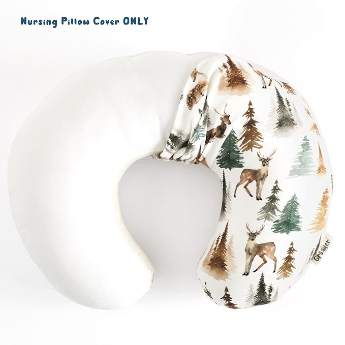 GRSSDER Nursing Pillow Cover Stretchy Minky Removable Nursing Covers for Breastfeeding Pillows, Ultra Soft Comfortable Slipcover for Boy and Girls, Stylish Watercolor Forest Deer and Leaves