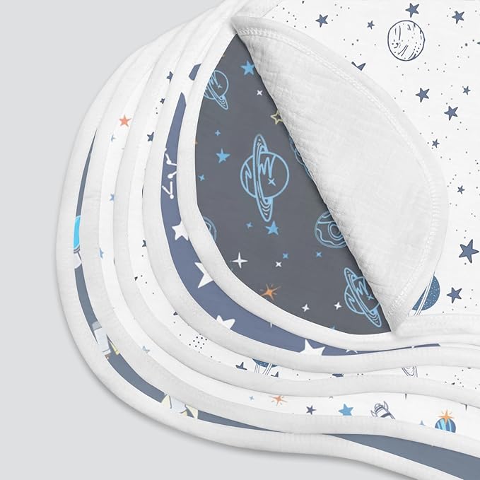 6 Pack Baby Burp Cloths for Boys Girls, Soft Cotton, Space Rocket Theme Design, Super Absorbent Baby Burping Cloths for Newborns, Machine Washable and Reusable Baby Spit-Up Cloths
