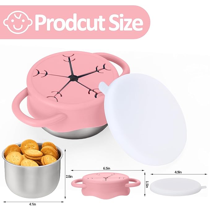 BUSOHA 2 Pack Stainless Steel Toddler Snack Cups - 12 OZ Spill-Proof Baby Snack Containers with Silicone Catcher and Lid Travel Snack Containers for Kids Food Grade Silicone Dishwasher Safe