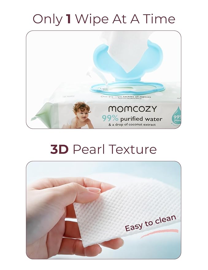 Momcozy Baby Wipes-Extra Large Size Design, 99% Water Based, Unscented & Hypoallergenic, Cleansing & Moisturizing Baby Wipes for Sensitive Skin, 8 Flip-Top Packs (480 Wipes Total)