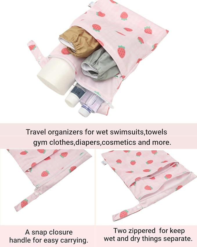 Wet Dry Bag Reusable Waterproof Swimming Bag Travel Beach Pool Yoga Gym Bag for Baby Cloth Diaper Swimsuits Wet Clothes Two Zipper Pockets 3 Pack 3L26