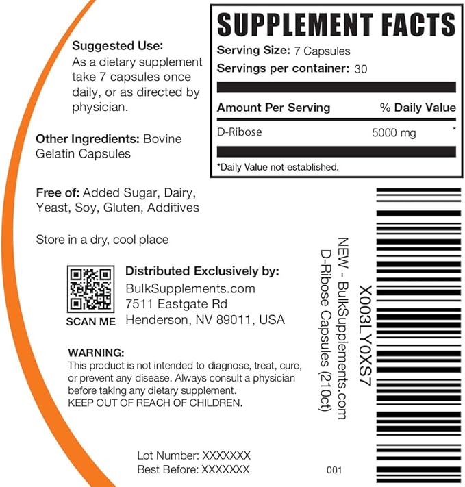 BulkSupplements.com D-Ribose Capsules - Ribose Supplement, for Energy Support - Gluten Free, 7 Capsules per Serving (5000mg), 210 Count (Pack of 1)