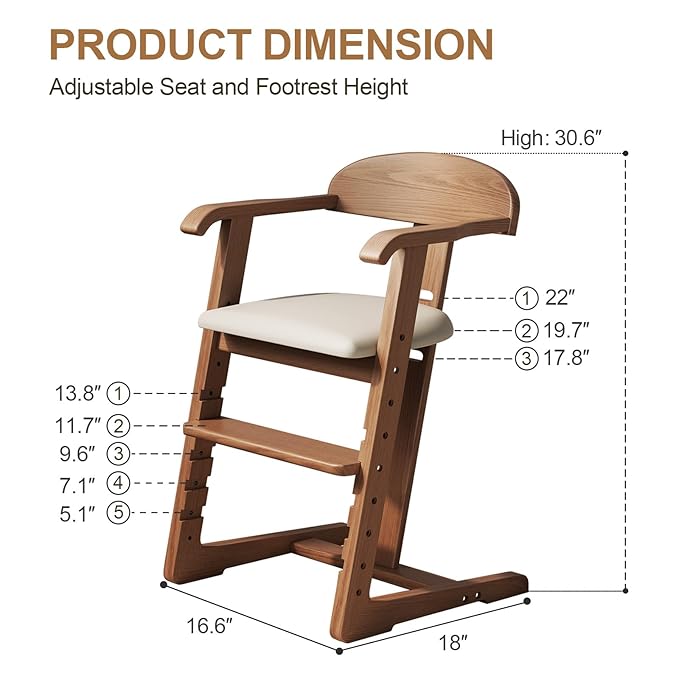 DOMGMUWUJEE Solid Wood Toddler Dining Chair - Adjustable Height Easy to Clean Toddler high Chair - Kids high Chair from 3 Years to 200 Lb, Grow with Child(Walnut)