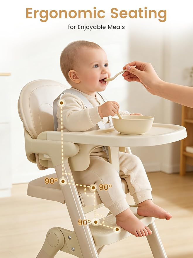 High Chairs for Babies and Toddlers, Baby High Chair Adjustable Height, Dining Chair with Removable Tray, Ergonomic Toddler Feeding Seat, Sturdy & Durable Construction, Beige