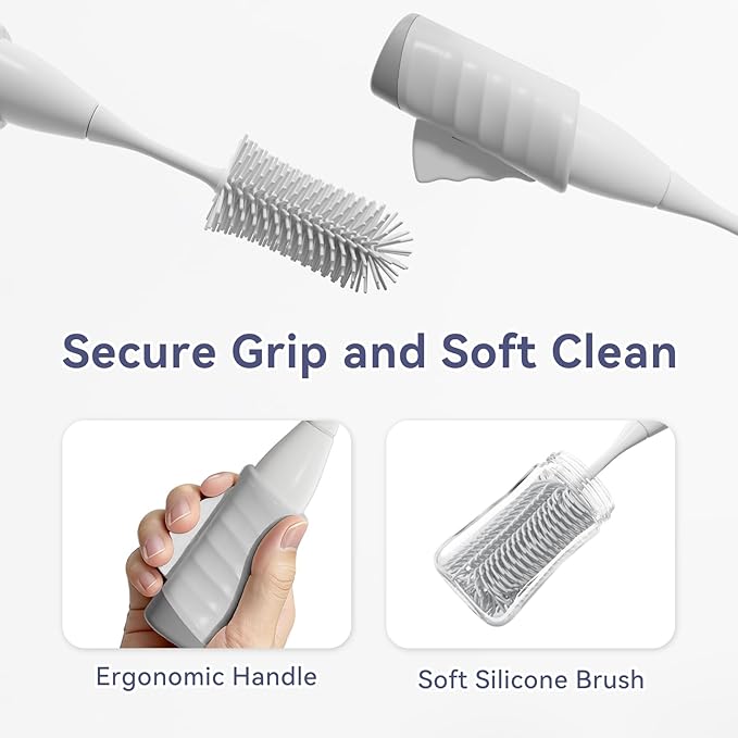 Baby Bottle Brush Set, Innovative Efficient Press-to-Spin Brush Cleaner - Includes Silicone Bottle Brush, Nipple Brush, Straw Cleaner - Spinning Generates Rich Foam for Deep Cleaning, Gray