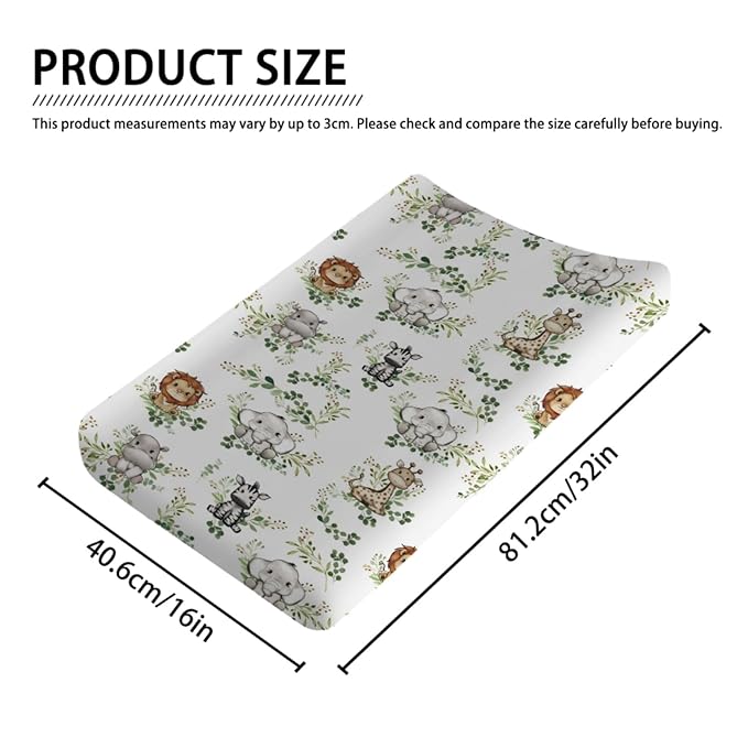 Baby Jungle Safari Animals Green Leaves Changing Pad Covers Elephant Giraffe Zebra Lion Hippo Diaper Change Table Sheets for Girls Boys Soft Stretchy Snug Fitted Changing Mats Cover 32''x16''