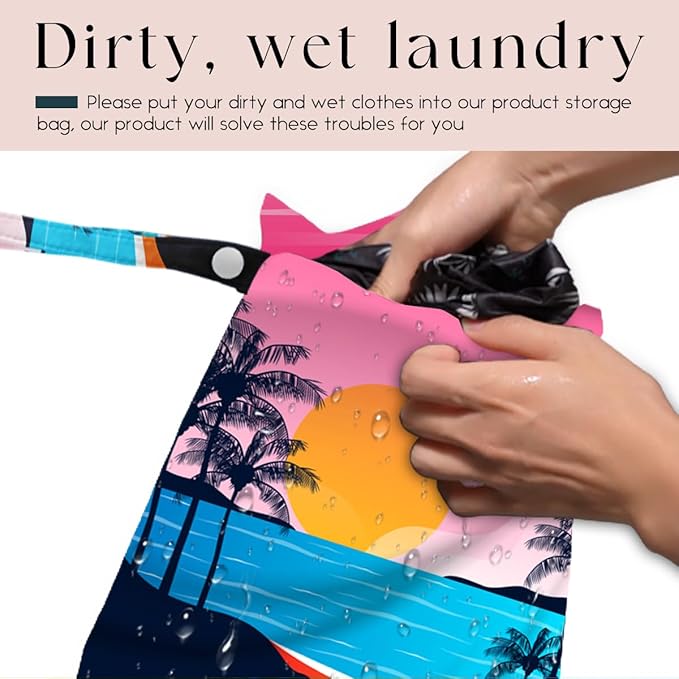 Wet Bag, Wet Dry Bag, Waterproof Swim Bags, Machine Washable Reusable Bags for Beach, Pool, Diapers, and Dirty Yoga Gym Clothes(Pink Sunset Beach Pattern