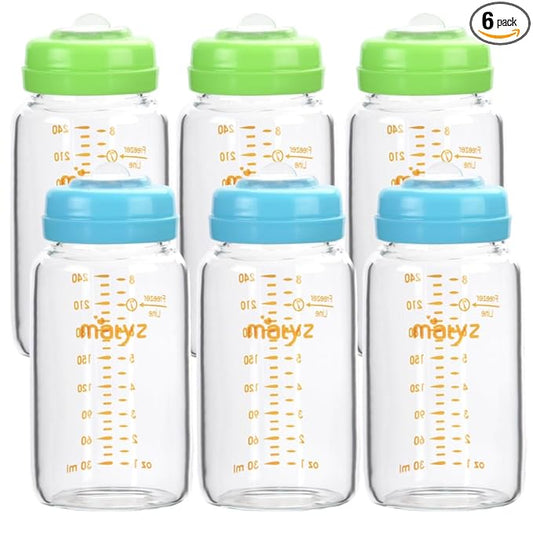 Matyz Glass Breastmilk Storage Bottles, 6 Pack, 8 oz, Compatible with Spectra Medela Pump - Store, Freeze, Warm Up Milk Well - Large Breastmilk Storage Containers - No BPA (3 Green & 3 Blue Lids)