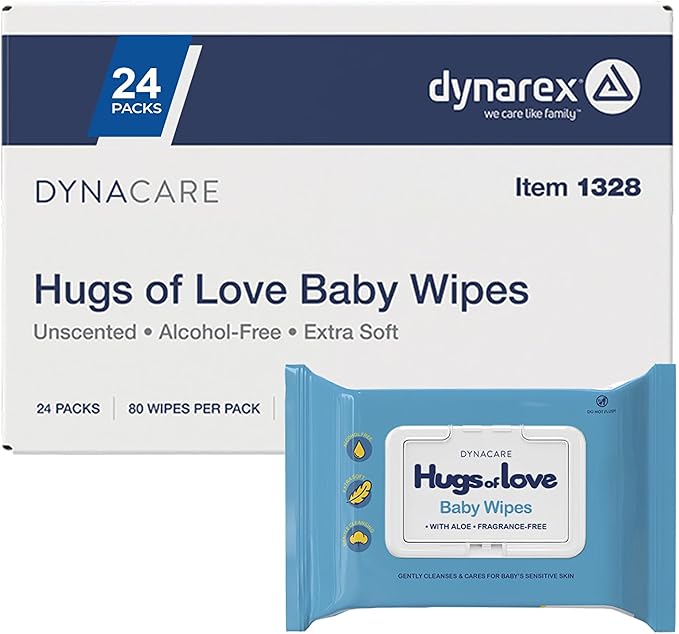 Dynarex Baby Wipes - Non-Alcohol Wipes for Babies with Lanolin & Aloe to Moisturize Skin - Soft Pack, Plastic Lid - Unscented - 5x7", 80 Wet Wipes per Pack, 24 per Case