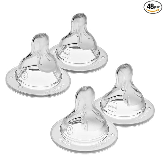 MAM Bottle Nipples Mixed Flow Pack - Medium Flow Nipple Level 2 and Fast Nipple Level 3,for Newborns and Older,SkinSoft Silicone Nipples for Baby Bottles,Fits All MAM Bottles,(Pack of 48)