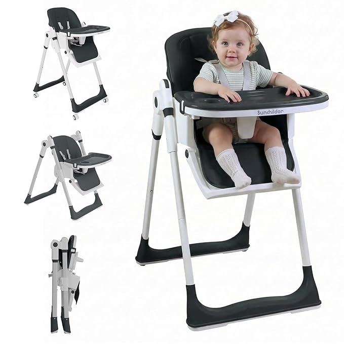 Sunchild 3-in-1 Baby High Chair with Wheels, 5-Point Harness, Tray, Footrest, and Backrest, Foldable and Adjustable for Toddlers 6-36 Months, Black