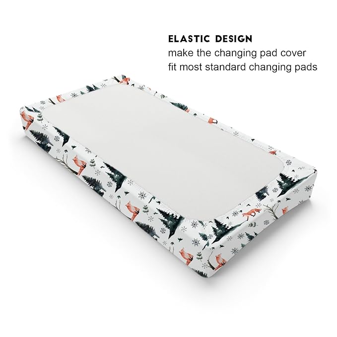Cute Red Foxes Changing Pad Covers Winter Snow Trees Birds Change Table Pad Cover for Baby Boys Girls Soft Breathable Stretch Diaper Changing Mat Sheets 32''x16''
