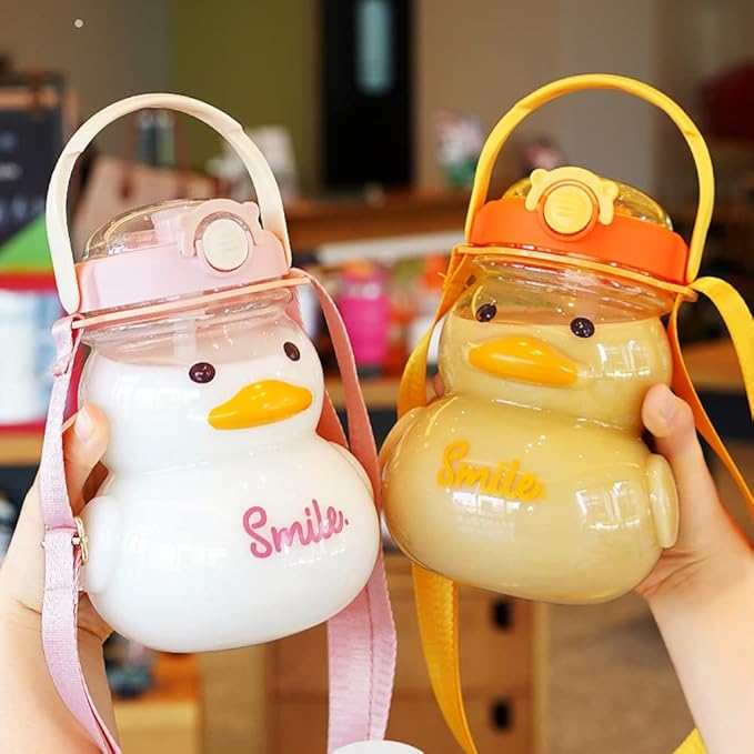 Large Cute Duck Water Bottle with Straw and Strap 34oz Kawaii Duck Water Bottle with 3D Stickers for Kids Toddler Girls School Sports Travel Leakproof Portable Handle Hot and Cold Bottles (Pink)