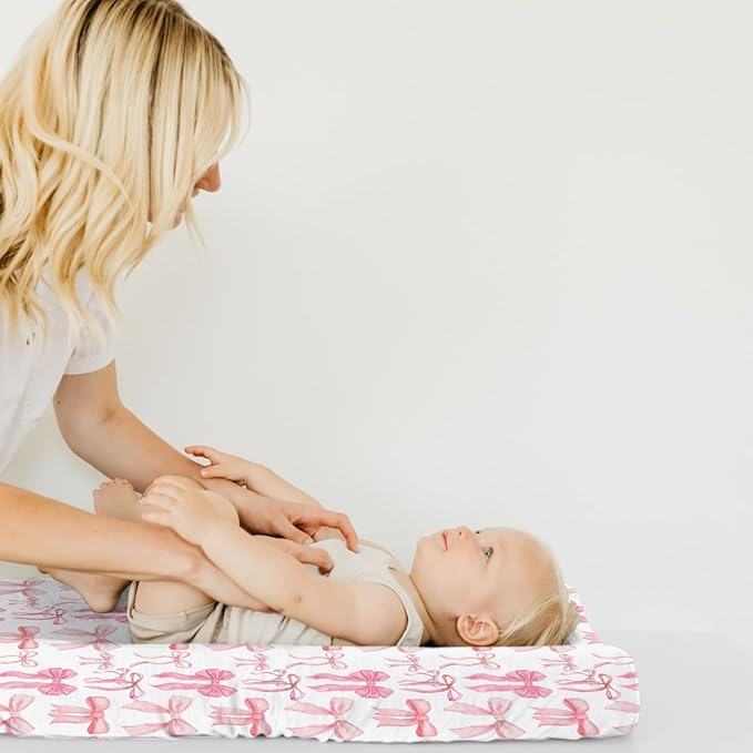 Baby Girls Changing Pad Covers Watercolor Pink Bows, Cute Ribbon Bowknot Safe Snug Fitted Diaper Table Sheet, Soft Breathable Stretchy Change Mat Shower Gift Fit 32 34 x 16