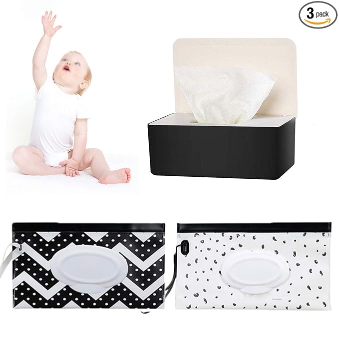 Baby Wipes Dispenser Set, Reusable Baby Wipe Holder Box, Refillable Baby Wipes Container Travel Wet Wipes Case with Reusable Wipes Pouch for Baby Home Kitchen Office Travel 3 PCS