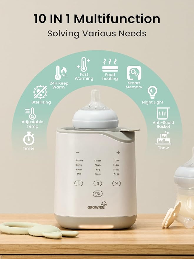 Grownsy Bottle Warmer for Night Feeding, Fast Baby Bottle Warmer for Breastmilk, Smart Temperature Control, with Timer, Thaw, Food Heater, Night Light, Calentador De Biberones for All Bottles