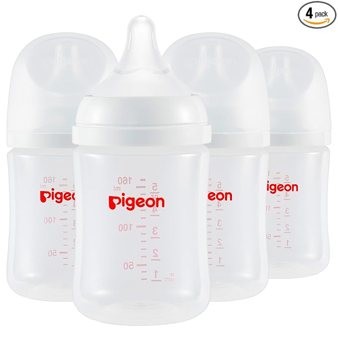 Pigeon PP Nursing Bottle Wide Neck, Anti-Colic, Streamlined Body, Natural Feel, Easy to Clean, 5 Oz (Pack of 4), Includes 4pcs SS Nipples (0m+)