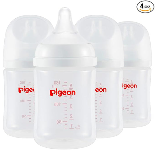 Pigeon PP Nursing Bottle Wide Neck, Anti-Colic, Streamlined Body, Natural Feel, Easy to Clean, 5 Oz (Pack of 4), Includes 4pcs SS Nipples (0m+)