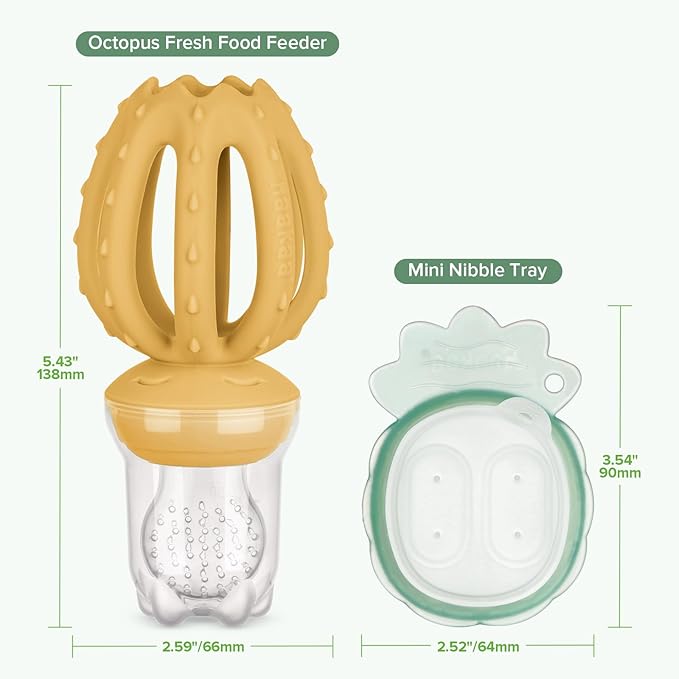 Haakaa Octopus Baby Fruit Food Feeder & Mini Freezer Nibble Tray Combo, Breastmilk Popsicle Molds for Cooling Relief, BPA Free Silicone Feeder for Safe Infant Self Feeding, 4 Month+（Mustard）