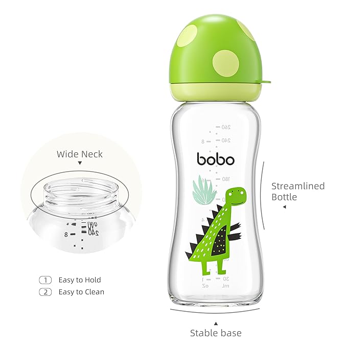 YOHKOH Natural Glass Baby Bottle with Level 2 Medium Flow Nipple, Newborn Anti-Colic Baby Bottles, Wide Neck Mushroom Baby Glass Bottle (8.8ounce (Pack of 2), Green2)