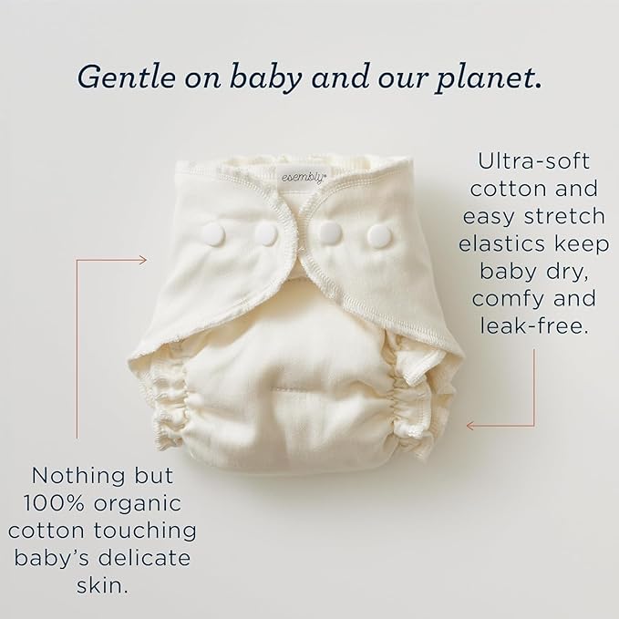 Esembly Cloth Diaper Bundle Set - 3 Organic Cotton Absorbent Inners and 1 Waterproof Outer Diaper Cover - Reusable, Washable, Snap Closure Cloth Diapers - Size 2 (18-35lbs), Gingham