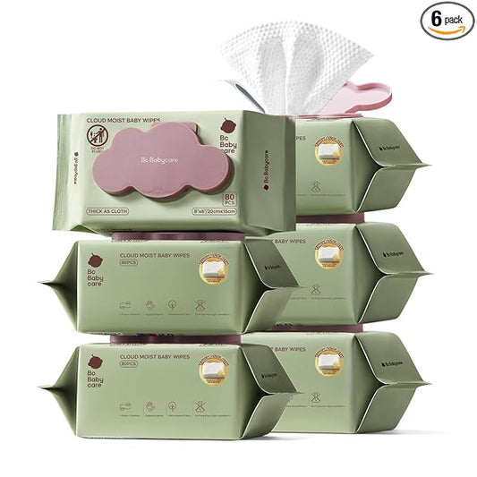 Bc Babycare Cloud Moist Baby Wipes, Thick & XL, 99% Water, Ultra-Hydrating, Unscented, Hypoallergenic for Sensitive Skin, Biodegradable, 6 Flip-Top, 480 Count