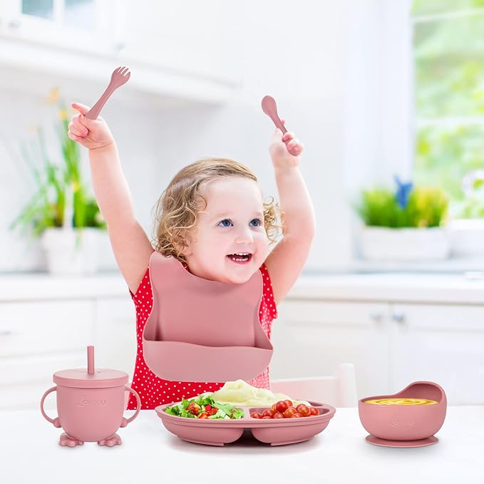 Silicone Feeding Set|Baby Led Weaning Supplies|Suction Plate Bowl Set with Bib, Spoon, Fork, Sippy Cup|Feeding Eating Supplies BPA Free