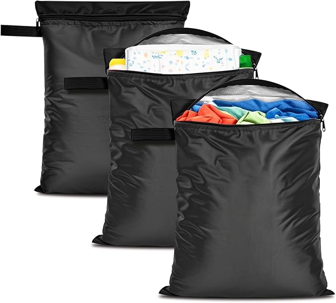 Wet Dry Bags 3 Pack,12x16 Inch Waterproof Reusable Wet Bag For Baby Diapers Swimsuit Wet Clothes Travel Beach Pool Gym,Durable Polyester Fabric,Waterproof Seal Strip Inside,Handle and Zipper,Black