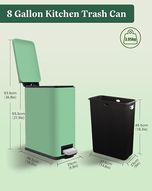 8 Gallon Stainless Steel Trash Can with Lid, Narrow Kitchen Trash Can with Removal Inner Bucket, Soft Close, Step Trash Bin, Metal Garbage Can for Bathroom, Kitchen, Office, 30L, Green