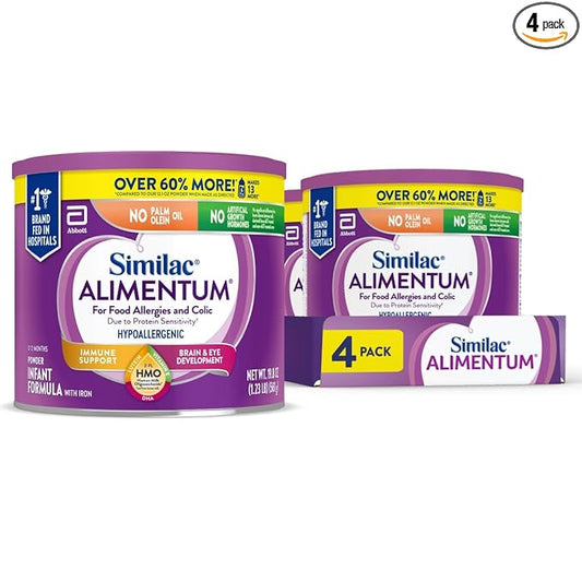 Similac Alimentum with 2’-FL HMO Hypoallergenic Infant Formula, for Food Allergies and Colic, Suitable for Lactose Sensitivity, Baby Formula Powder, 19.8-oz Value Can, Pack of 4