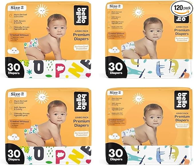 Hello Bello Premium Baby Diapers Size 2, 120 Count of Disposable, Extra-Absorbent, and Hypoallergenic Baby Diapers with Snug and Comfort Fit, Alphabet Soup (60) and Sleepy Sloth (60)