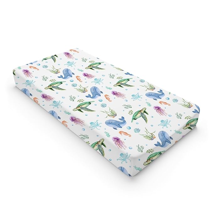 Colorful Sea Animals Changing Pad Cover Ocean Turtle Whale Jellyfish Sea Horse Weeds Sealife Diaper Change Table Pad Cover for Boys Girls Soft Stretch Fitted Changing Mat Sheets Cover 32''x16''