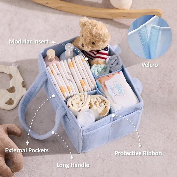 luxury little Soft Baby Diaper Caddy Organizer, Nursery Storage Basket with Removable Divider, Portable Baby Diapers Basket, Gifts for New Parent, Baby Shower (Baby Blue)